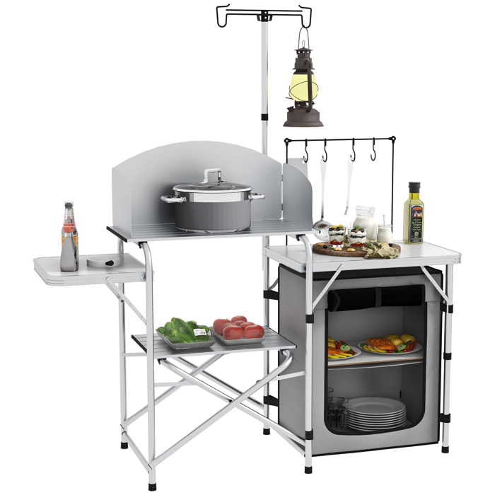 Mueble de Cocina para Camping Armario para Camping Plegable con Mesas Estantes Poste de Luz Elevable y Bolsa de Transporte para Acampada Picnic 144x48x119 cm Plata y Gris Claro