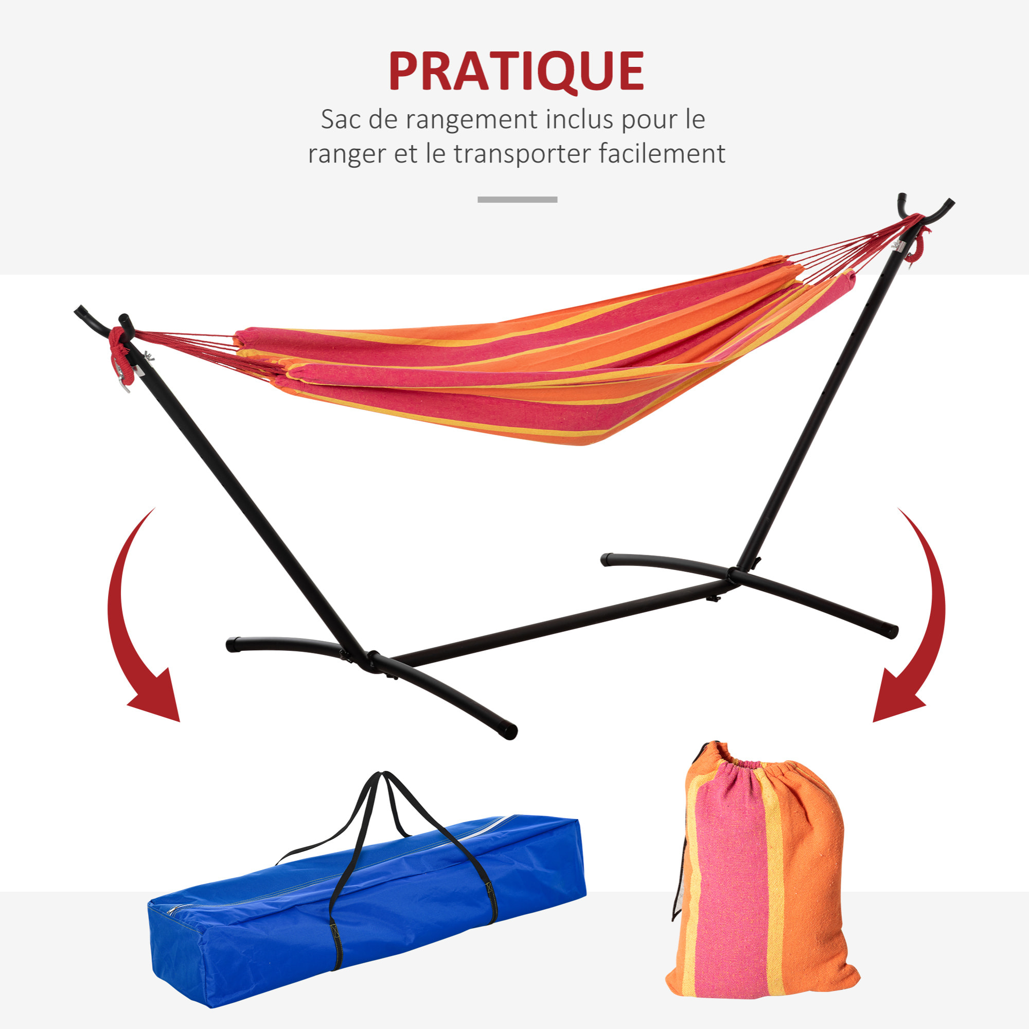 Hamac de jardin avec support en métal époxy hamac sur pied 1 place charge max. 120 Kg sac transport rouge