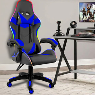 Sedia Gaming Con LED RGB Telecomando Poltrona Ufficio Scrivania Casa PC Racing Girevole Ergonomica Ecopelle Cuscino Lombare Poggiapiedi Nero Blu