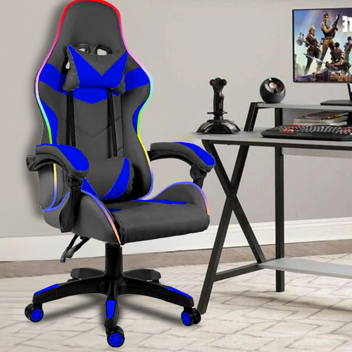 Sedia Gaming Con LED RGB Telecomando Poltrona Ufficio Scrivania Casa PC Racing Girevole Ergonomica Ecopelle Cuscino Lombare Poggiapiedi Nero Blu