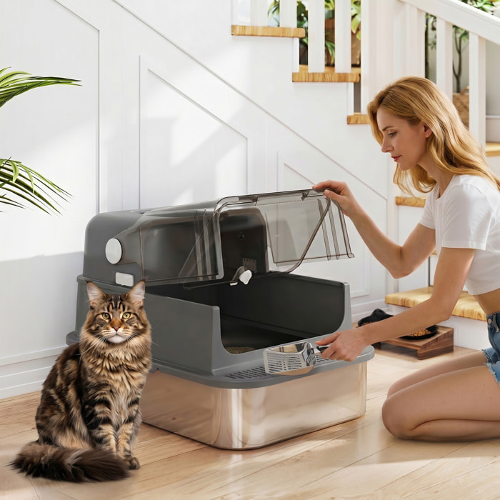 Arenero para Gatos de Acero Inoxidable XXL, Caja de Arena para Gatos Grandes, Arenero con Tapa Abatible, Laterales Altos, Entrada Superior, Pala, sin Olores, Fácil de Limpiar, Antifugas, Negro