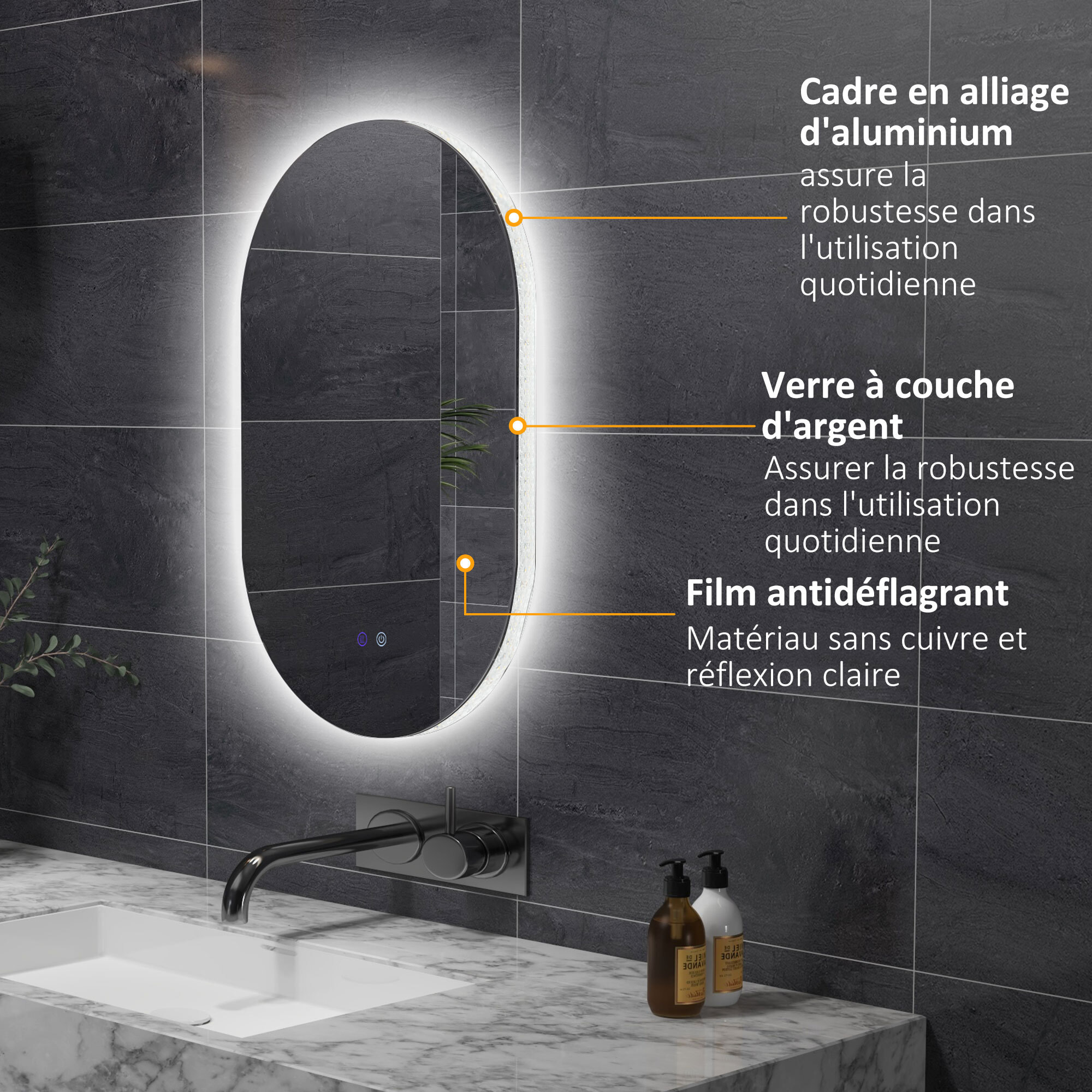 Miroir ovale mural lumineux LED de salle de bain - 81 x 51 cm - avec 3 couleurs, luminosité réglable interrupteur tactile système antibuée transparent