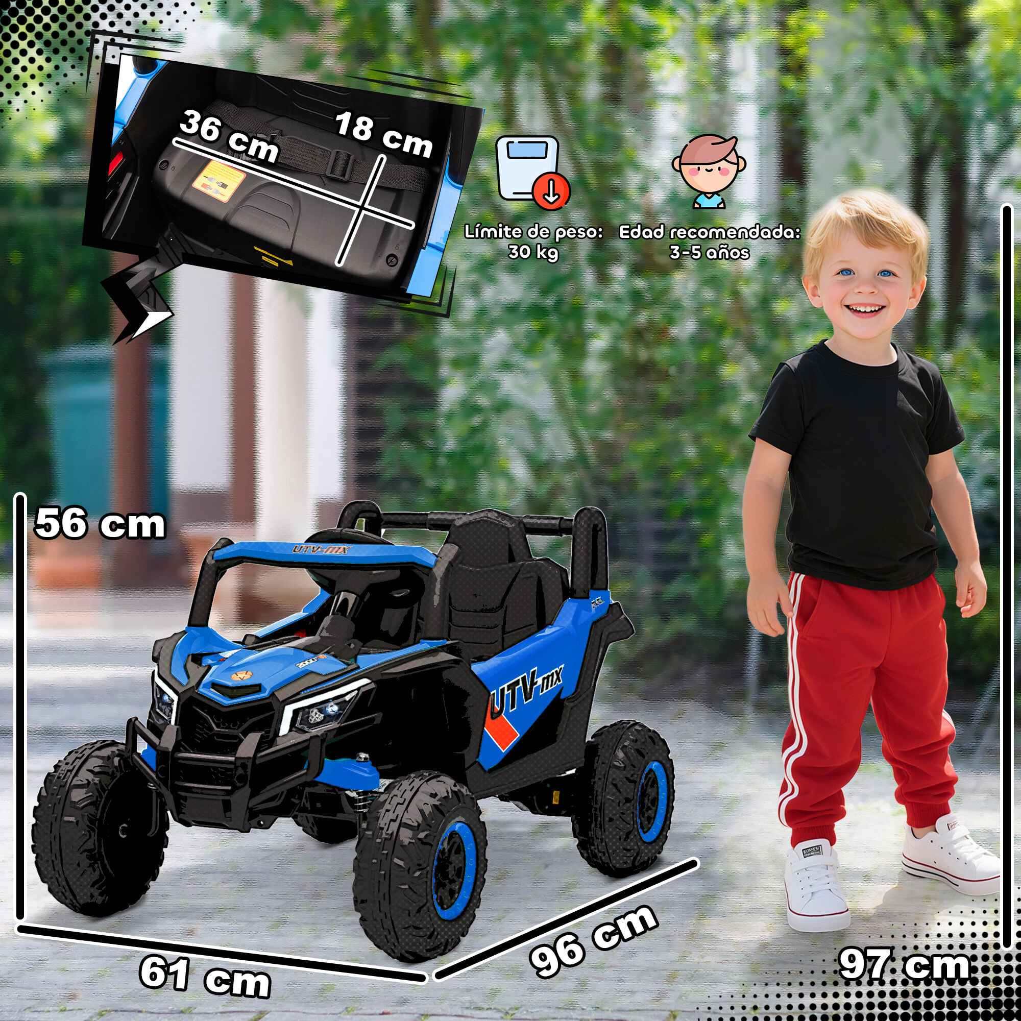 Coche Eléctrico para Niños 12V, Coche de Batería UTV con 2 Motores, Control Remoto 2,4G, Velocidad hasta 7 km/h, Sistema de Suspensión, Faros, USB, para Niños de +3 Años, Azul