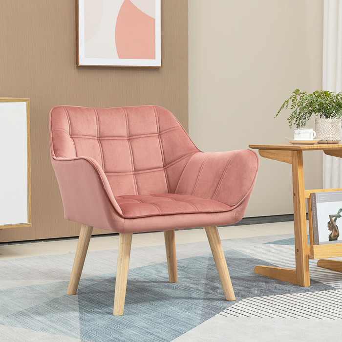 Butaca de Salón Moderna, Sillón Lectura Tapizado en Terciopelo con Asiento Ancho, Patas de Madera, Fácil Montaje, Sillón Relax para Sala de Estar, Dormitorio y Balcón, Rosa
