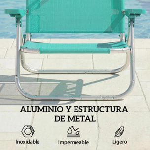 Pack de 2 Sillas de Playa Plegables con Dosel Ajustable, Respaldo Reclinable en 6 Posiciones y Reposacabezas, Sillas Bajas Portátiles con Brazos Carga 120kg para Acampada Jardín Turquesa