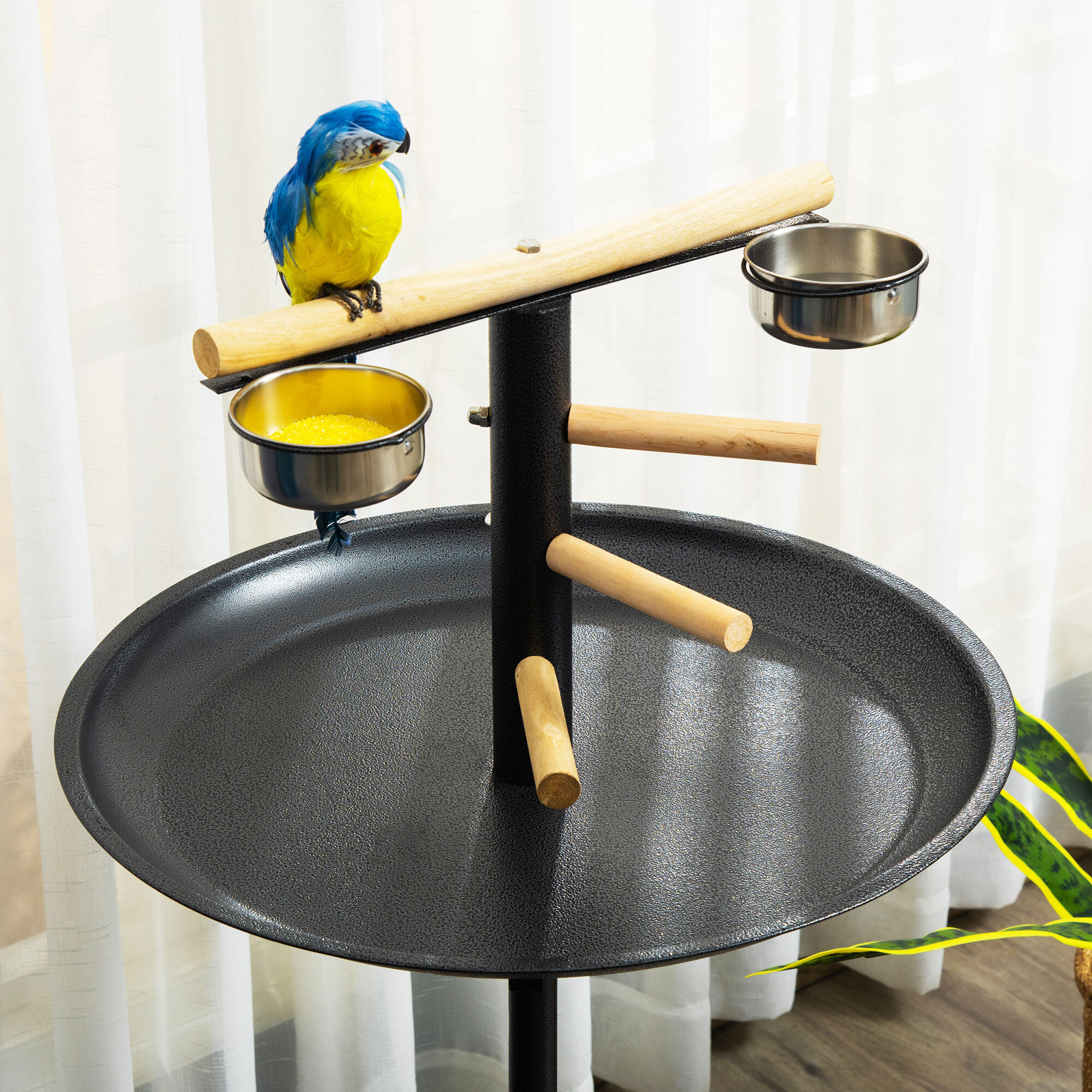 Perchoir sur pied pour perroquets, oiseaux - 4 roulettes - 2 mangeoires, 4 perchoirs, plateau acier - anthracite