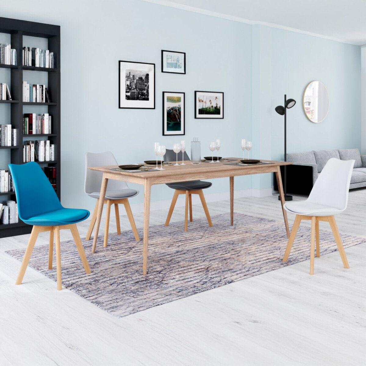 Chaises Nordia mix couleurs (blanc, gris et bleu canard) - lot de 4