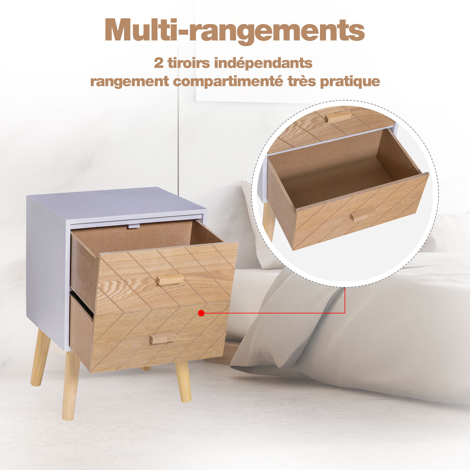 Chevet table de nuit design scandinave 40L x 30l x 56H cm 2 tiroirs bois massif pin MDF blanc et hêtre motif graphique