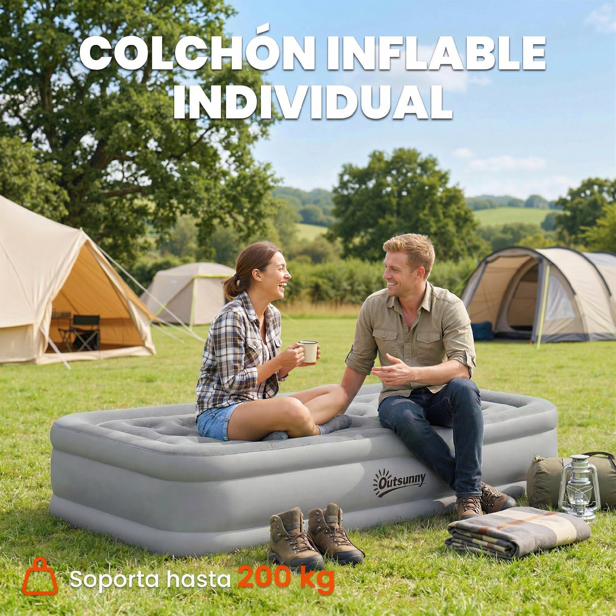 Colchón Hinchable Individual 190x97x39 cm con Bomba Integrada, Inflado 3 Min Desinflado 2 Min, Colchón Inflable Plegable Impermeable, Bolsa Transporte, Superficie Flocado, Carga 200 kg, Gris