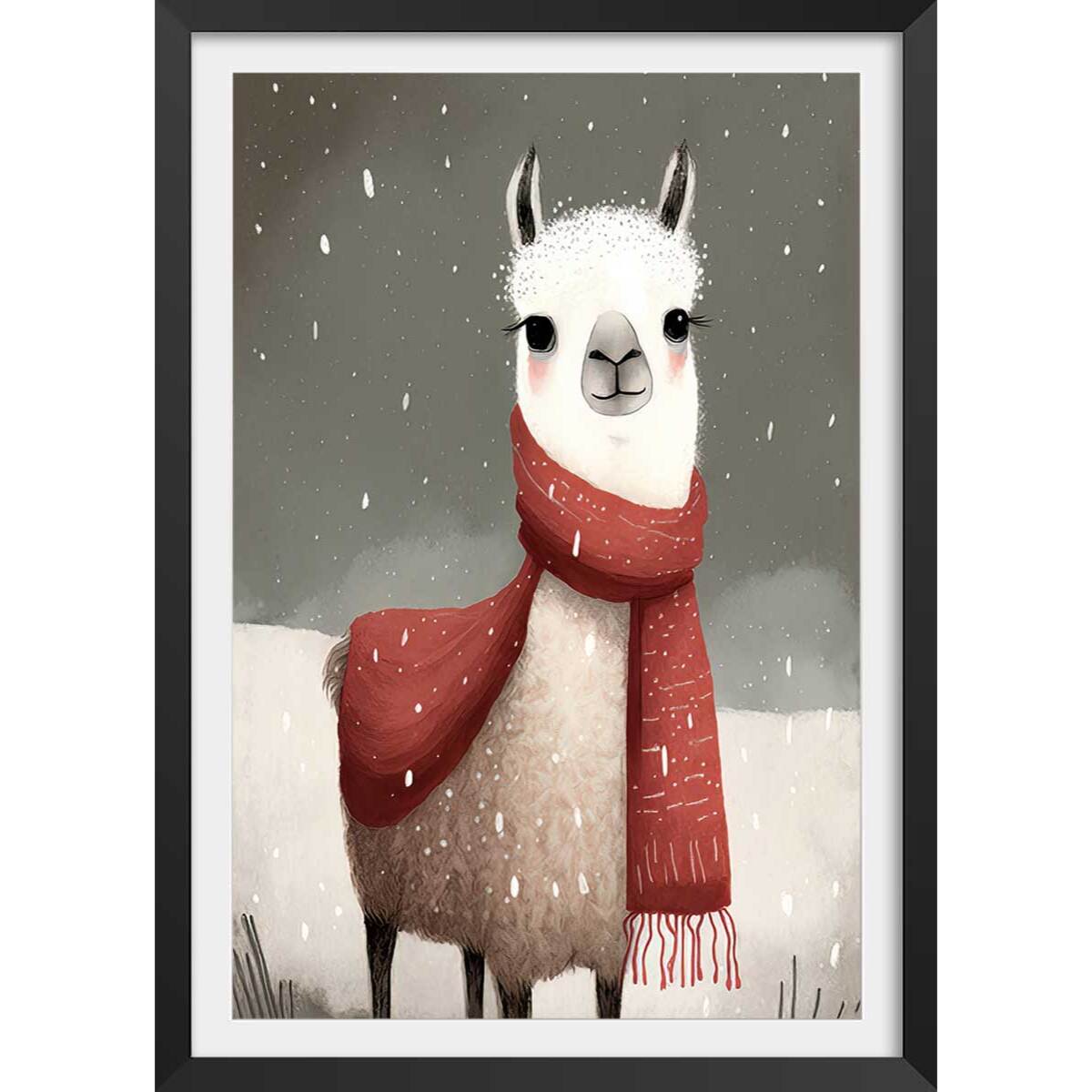 Affiche enfant lama sous la neige  Affiche + cadre en bois - Noir