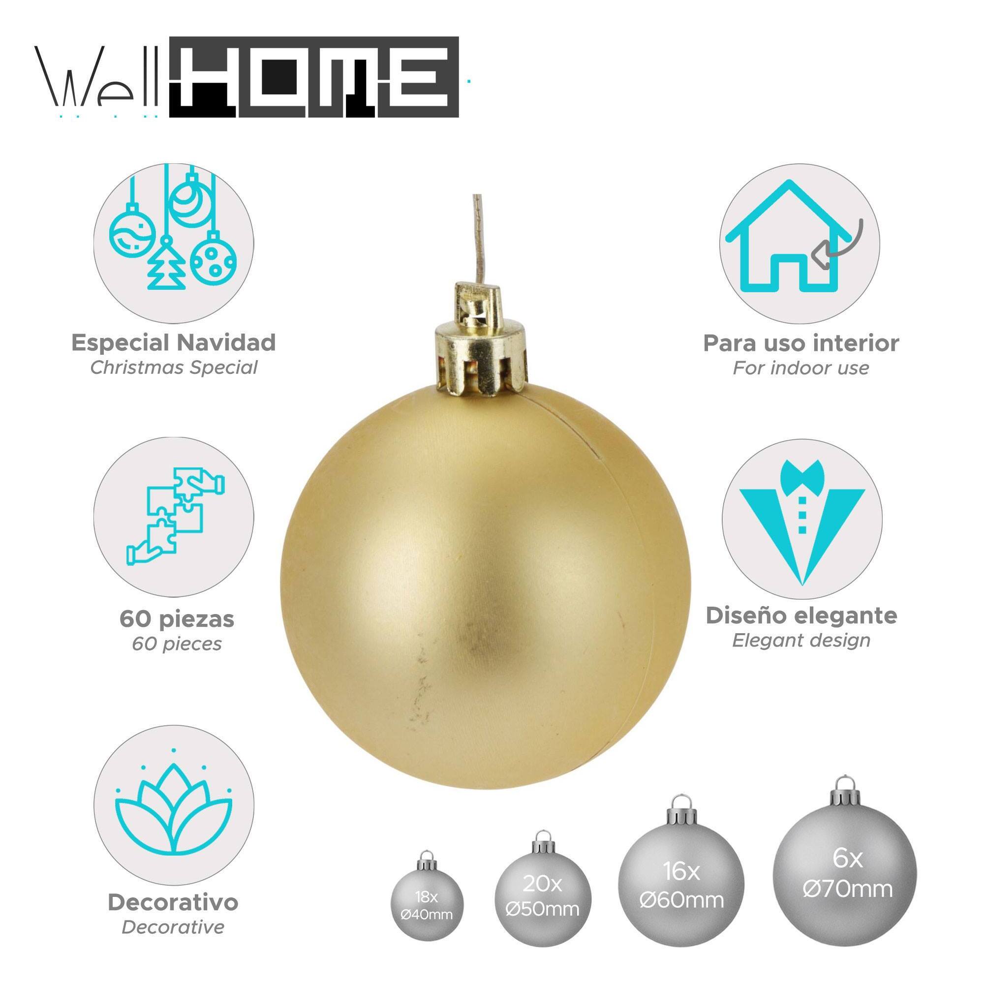 Conjunto de 60 bolas de navidad en color dorado en varios diseños y acabados