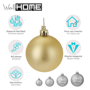 Conjunto de 60 bolas de navidad en color dorado en varios diseños y acabados