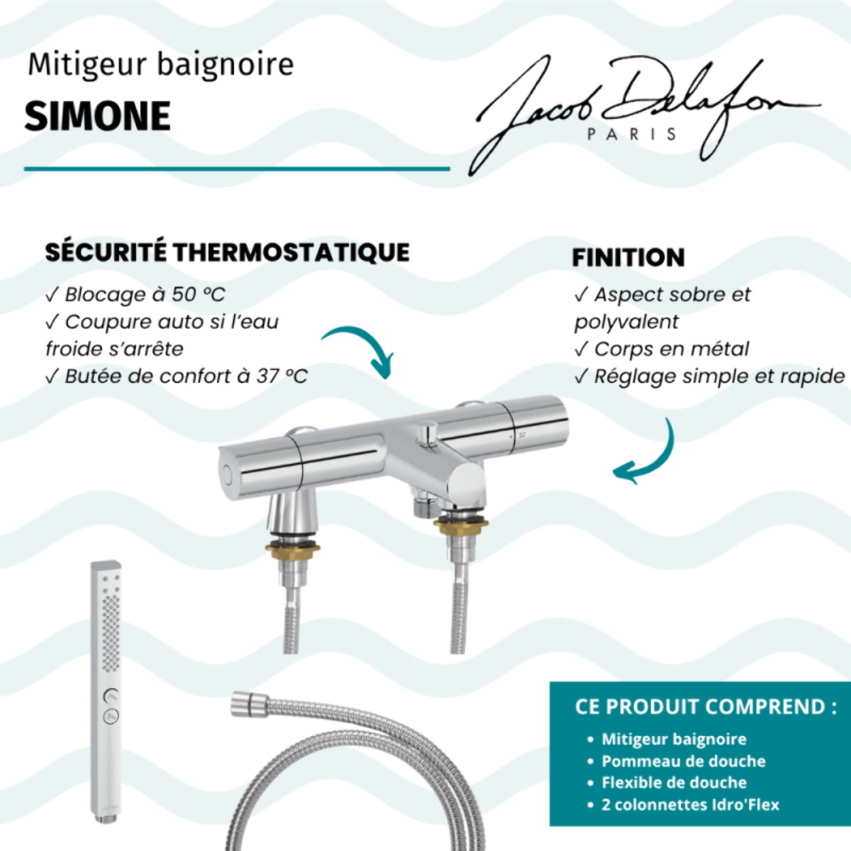 Mitigeur baignoire Simone + pommeau de douche Shift+ carré + flexible de douche métal + colonnettes Idro'Flex