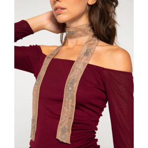 Cinta bordada marrón estilo foulard con cuentas