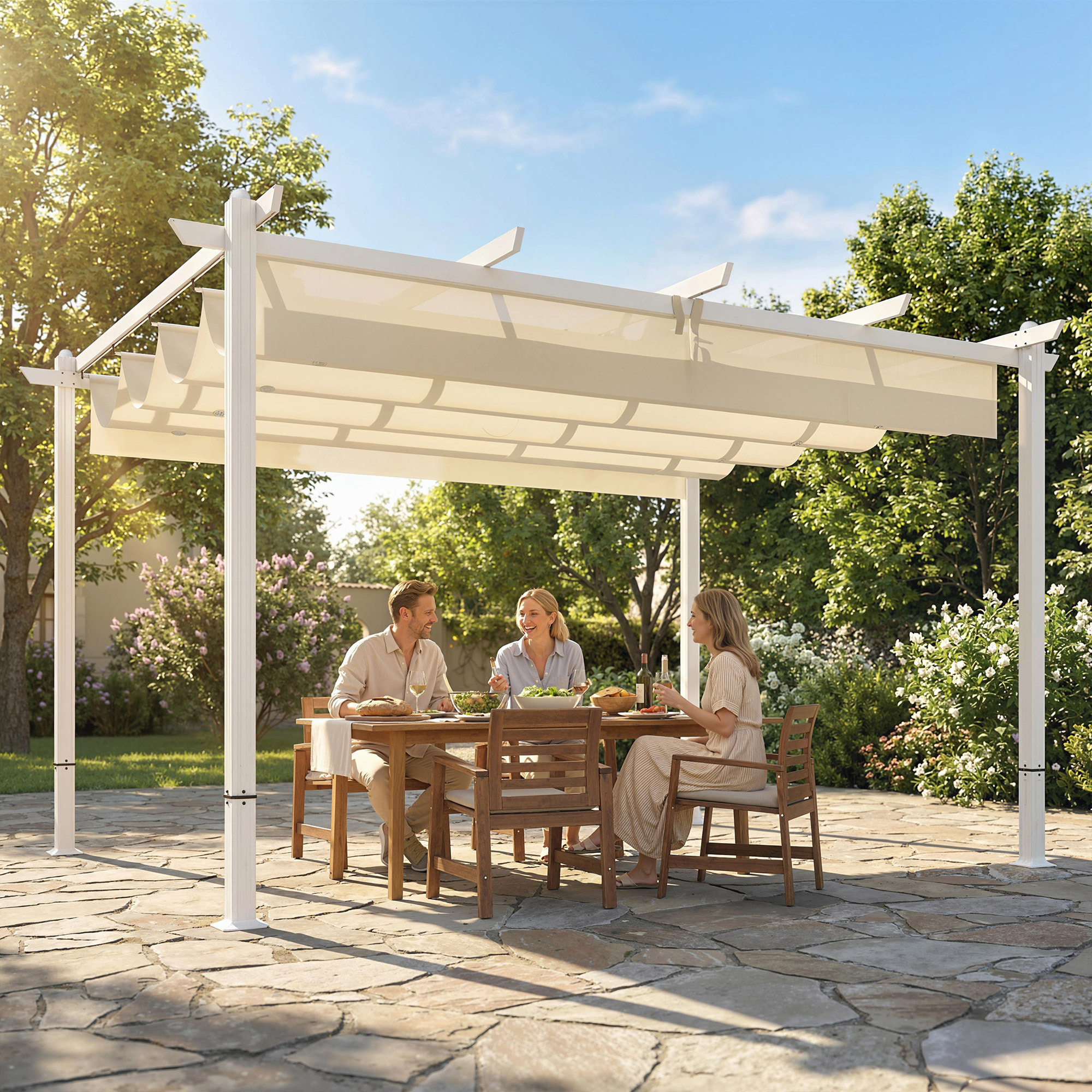Pérgola de Jardín 4x3 m con Techo Retráctil, Cenador de Jardín con Protección UPF30+, Orificios de Drenaje, Estructura Metálica, Pabellón para Patio, Terraza, Exterior, Beige