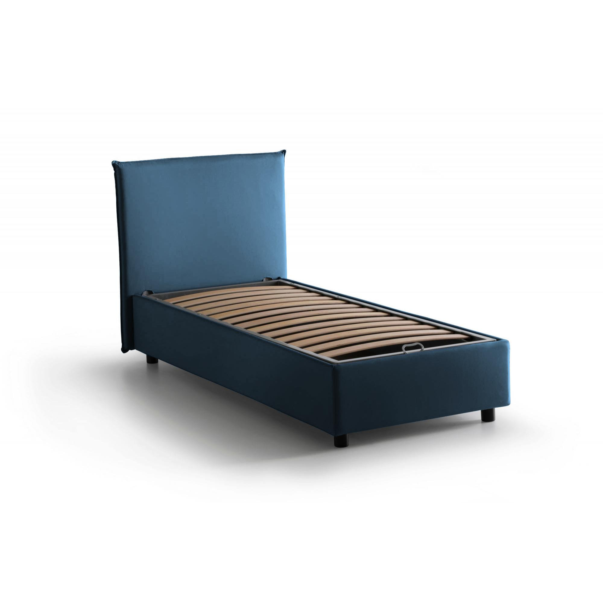 Letto singolo Cira, Letto contenitore con rivestimento in tessuto, 100% Made in Italy, Apertura frontale, adatto per materasso Cm 90x200, Blu