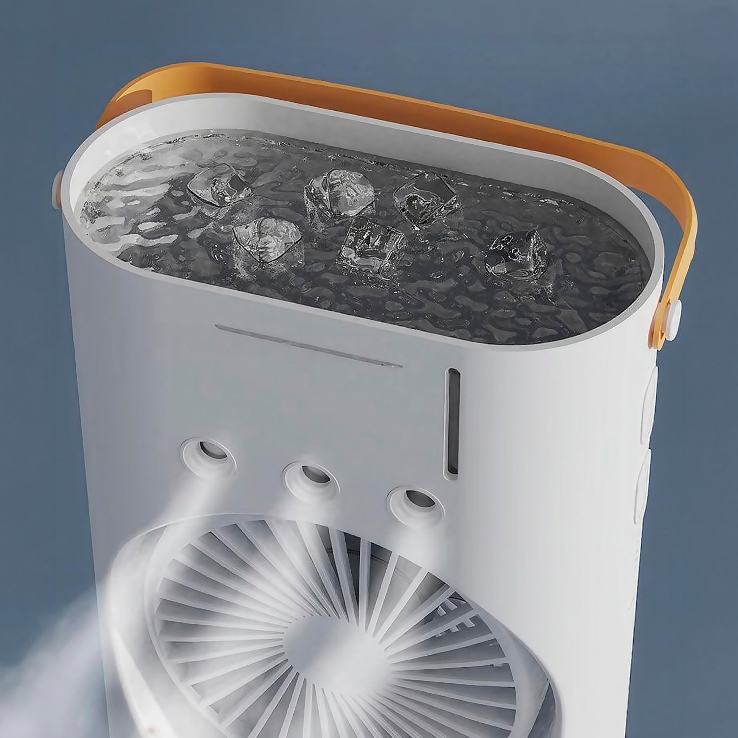 Ventilador de sobremesa F18. Con luz RGB de doble cabezal, función de nebulización, 3 velocidades, oscilación de 90° y batería recargable. Incluye control remoto.