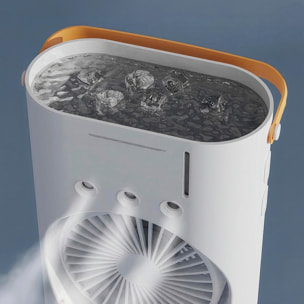Ventilador de sobremesa F18. Con luz RGB de doble cabezal, función de nebulización, 3 velocidades, oscilación de 90° y batería recargable. Incluye control remoto.