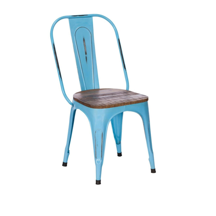 Chaise industrielle métal bleu bois recyclé LEEDS (lot de 2)