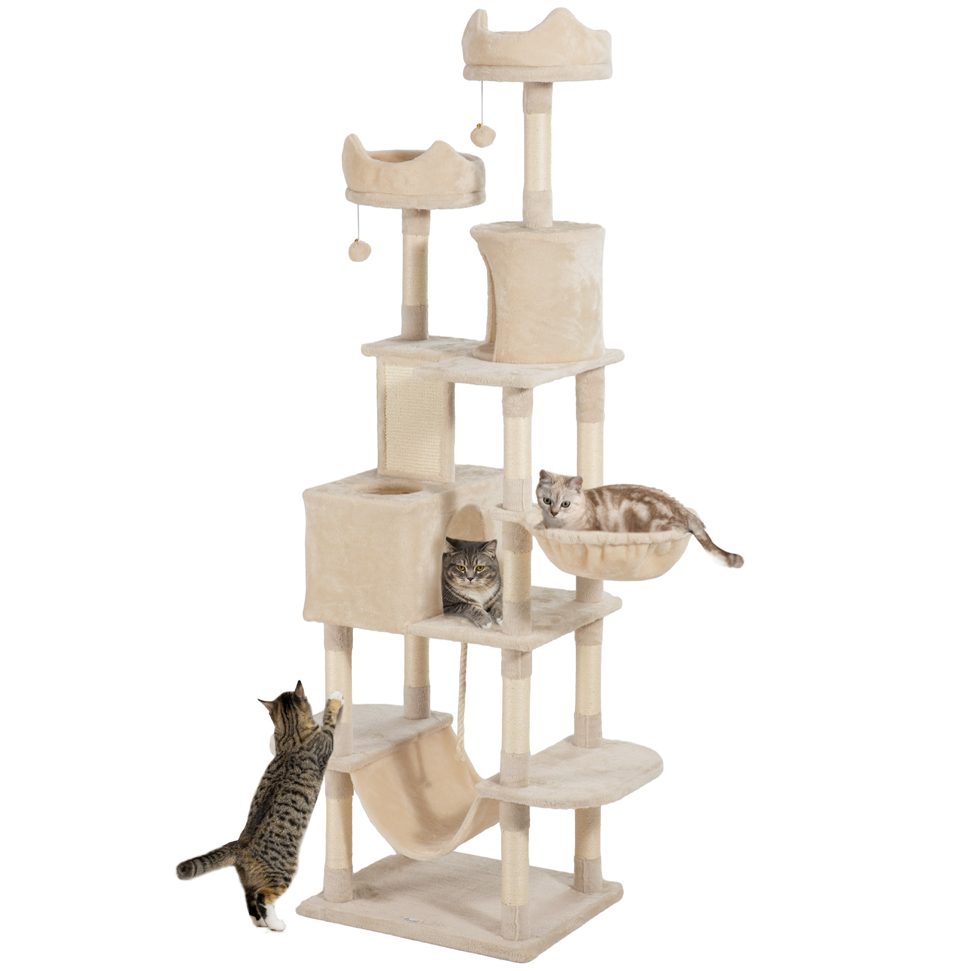 Árbol Rascador para Gatos Grande Altura 206 cm Árbol para Gatos Torre para Gatos con Plataformas Cuevas Bolas Colgantes y Hamacas Beige