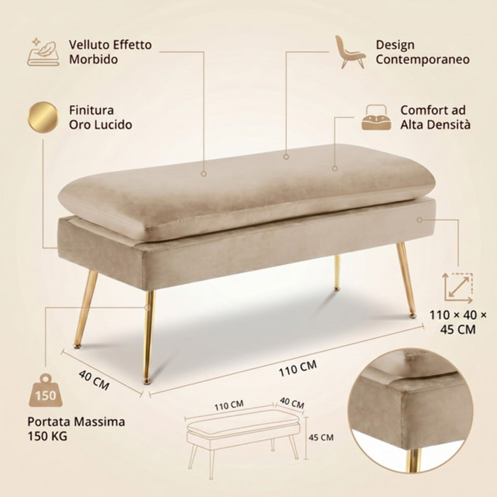 Panca Contenitore Imbottita in Effetto Velluto con Ampio Vano Portaoggetti, Seduta Confortevole e Gambe in Acciaio, Design Moderno per Camera da Letto, Ingresso e Soggiorno