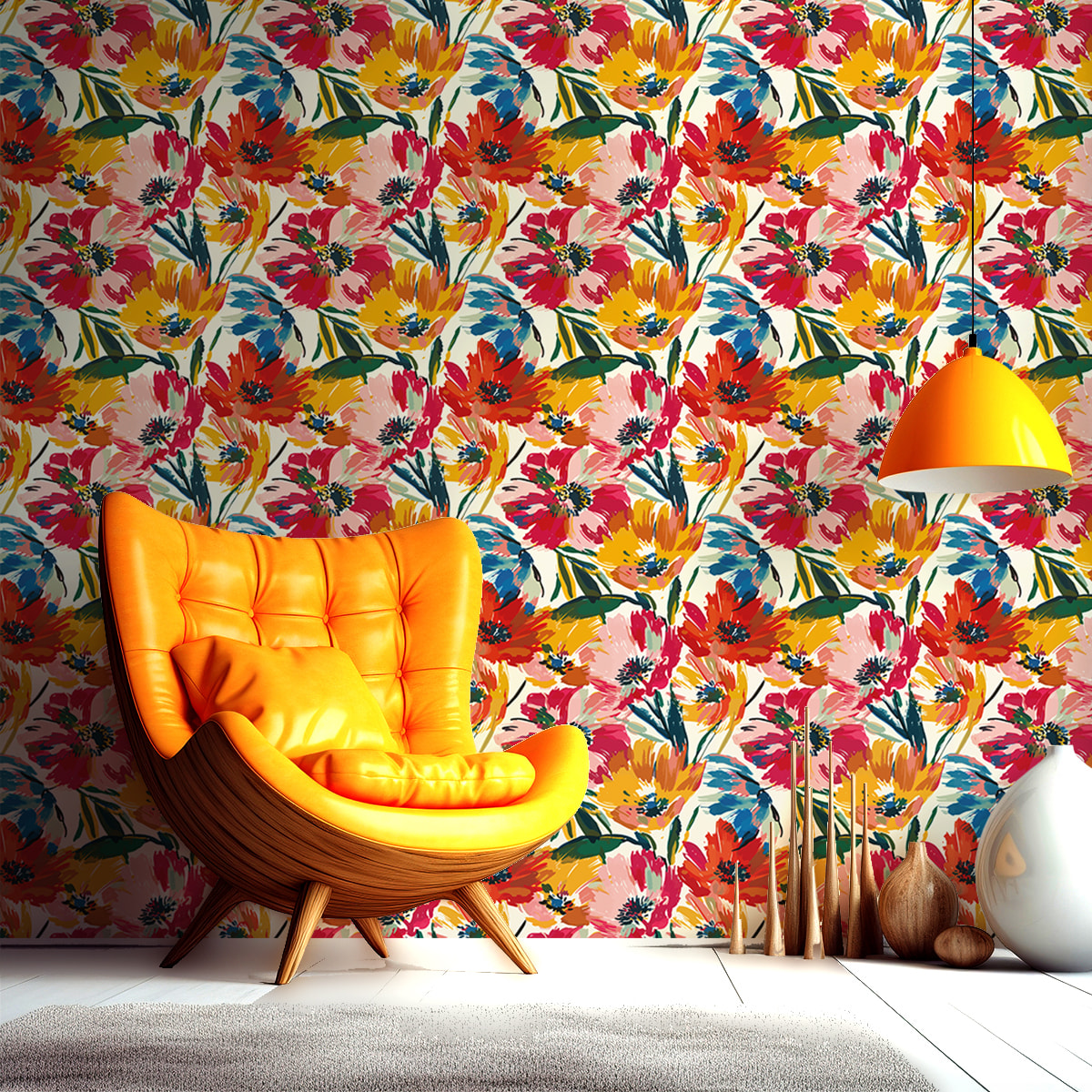 Papier peint intissé pré-encollé - PEINTURE DE FLEURS MULTICOLORE - 1 rouleau
