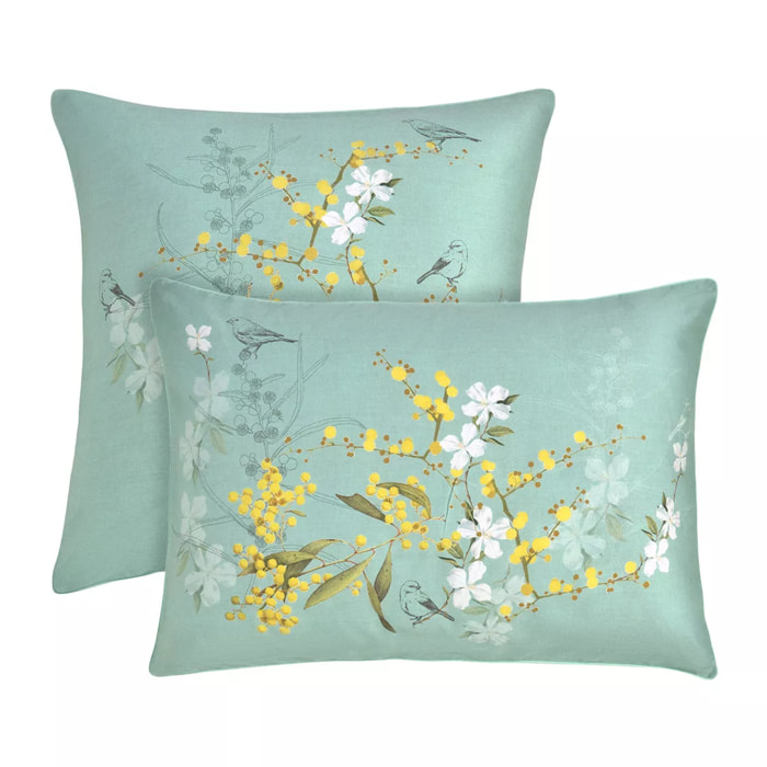 Taie d'oreiller satin de coton imprimé bleu Mimosas d'ete turquoise