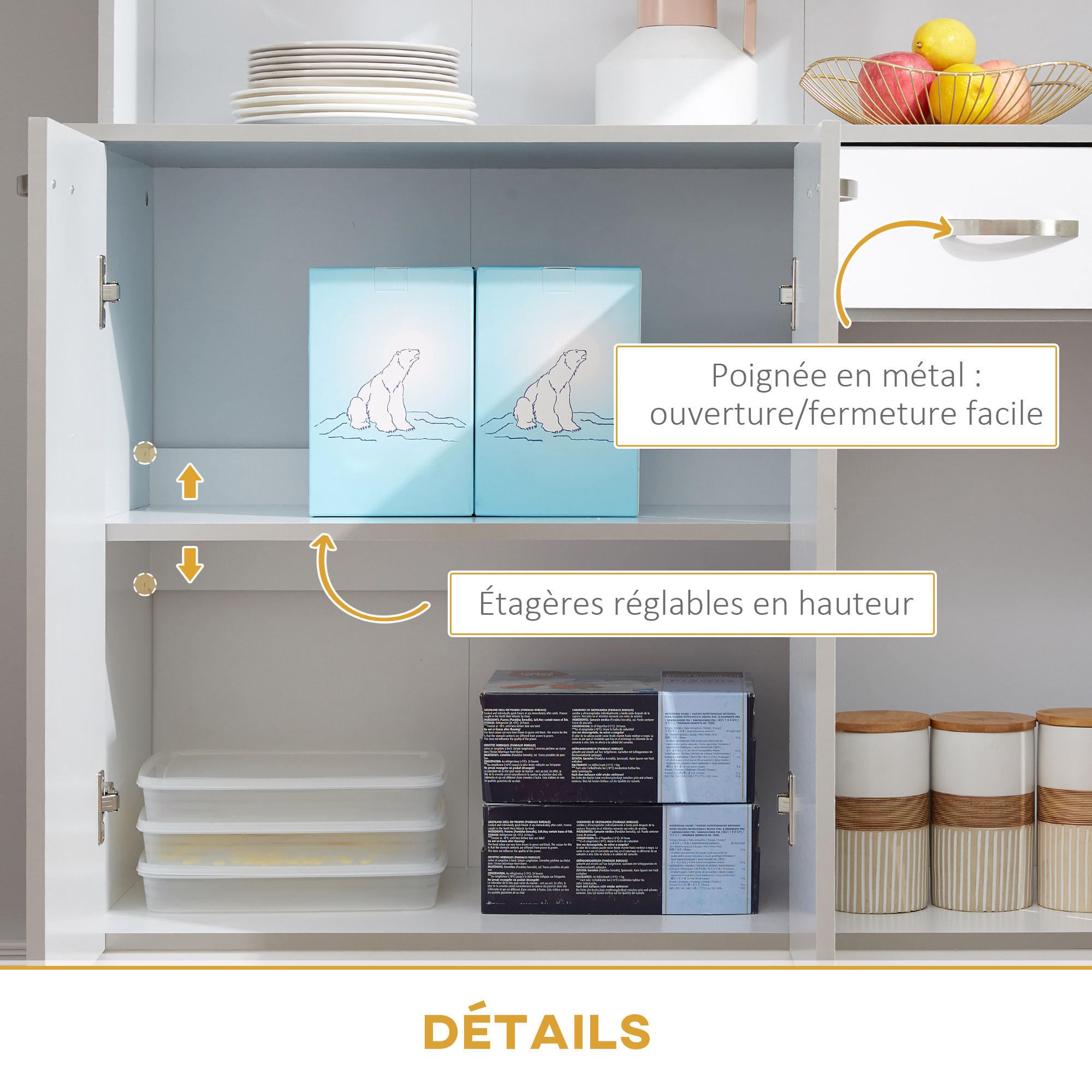 Buffet haut multi-rangement - 6 portes, tiroir, grand plateau - dim. 101L x 39l x 180H cm - panneaux particules blanc gris