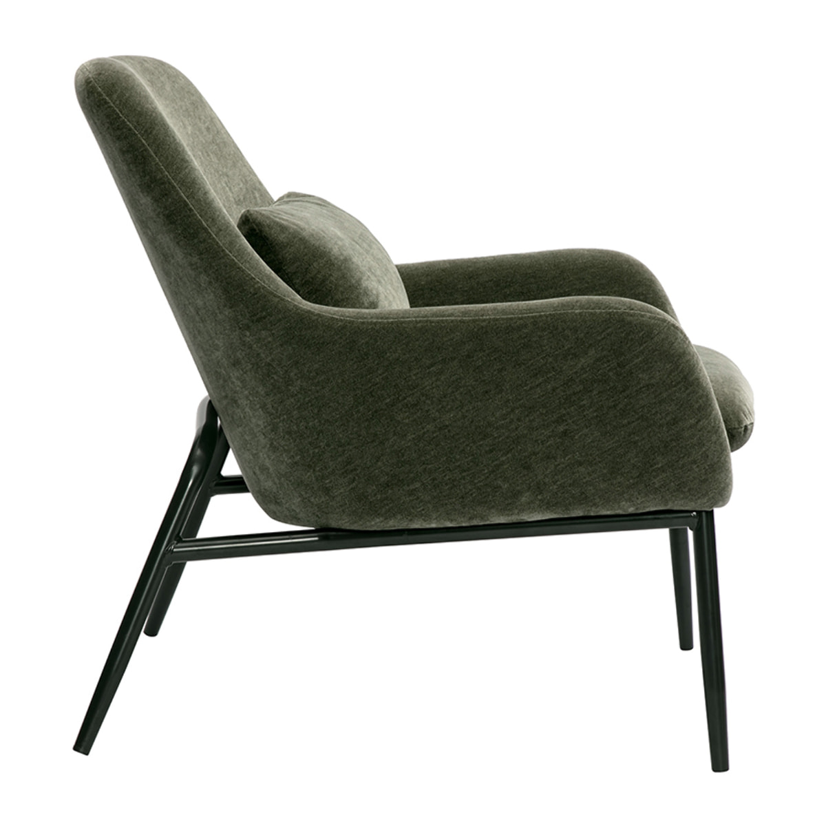 Fauteuil design en tissu effet velours vert kaki et métal noir MAXINE