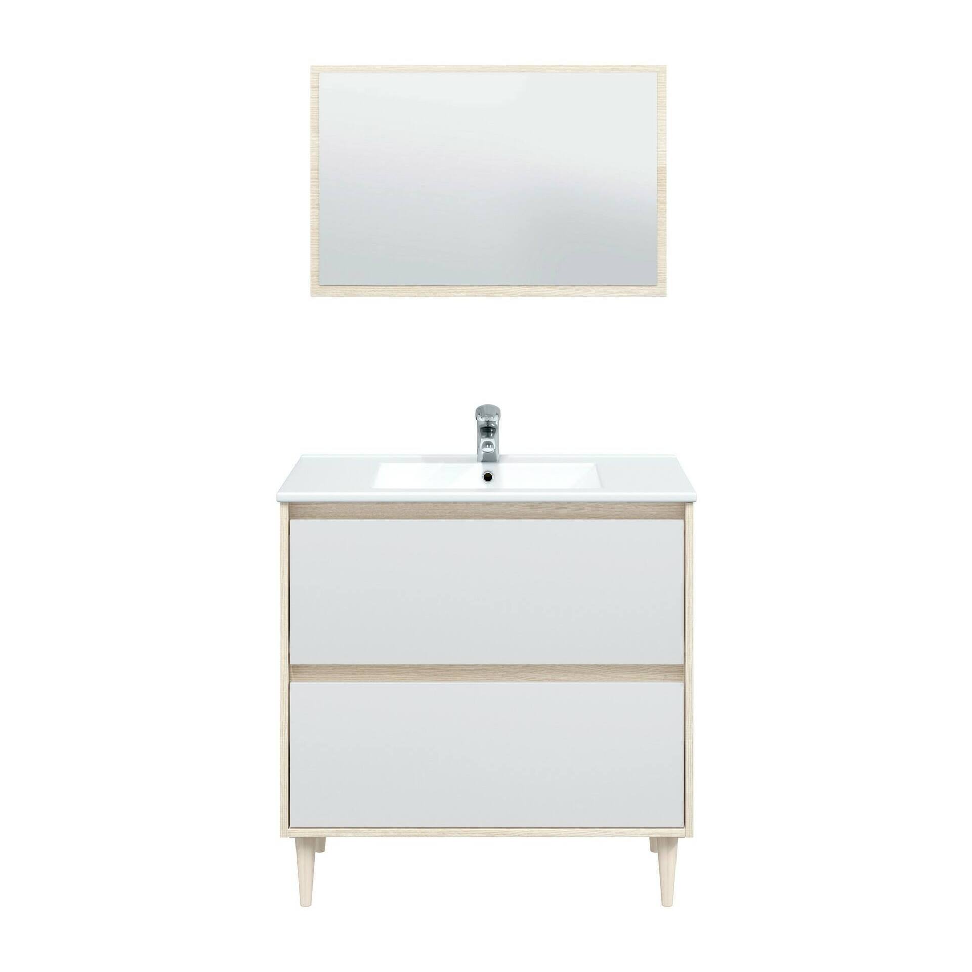 Mobile sottolavabo Berillo, Sotto lavabo bagno, Mobiletto da bagno con specchio, Lavabo non incluso, 80x45h80 cm, Bianco lucido e Rovere