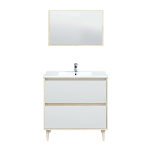 Mobile sottolavabo Berillo, Sotto lavabo bagno, Mobiletto da bagno con specchio, Lavabo non incluso, 80x45h80 cm, Bianco lucido e Rovere