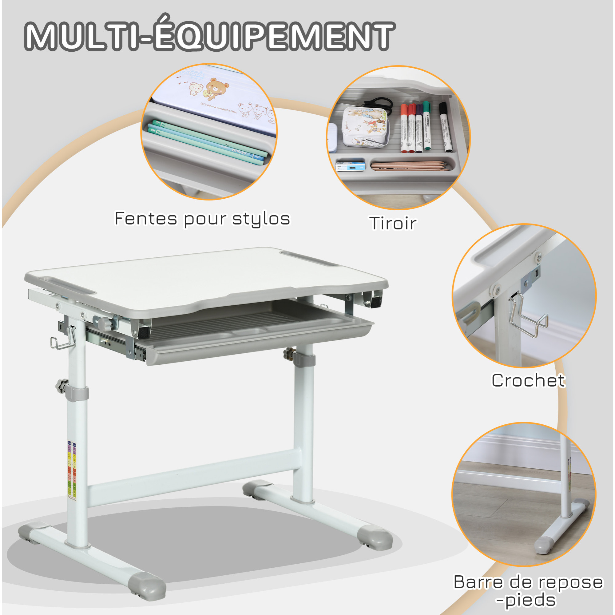 Ensemble bureau chaise enfant réglable - plateau inclinable, tiroir coulissant - acier PP gris blanc