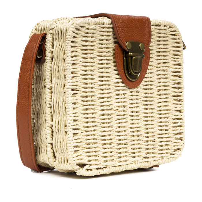 IRIA QUINTANA Borsa a tracolla da donna Empoli. Tessuto Paglia Pelle Sintetica PU 18x7x17 Cm. Beige