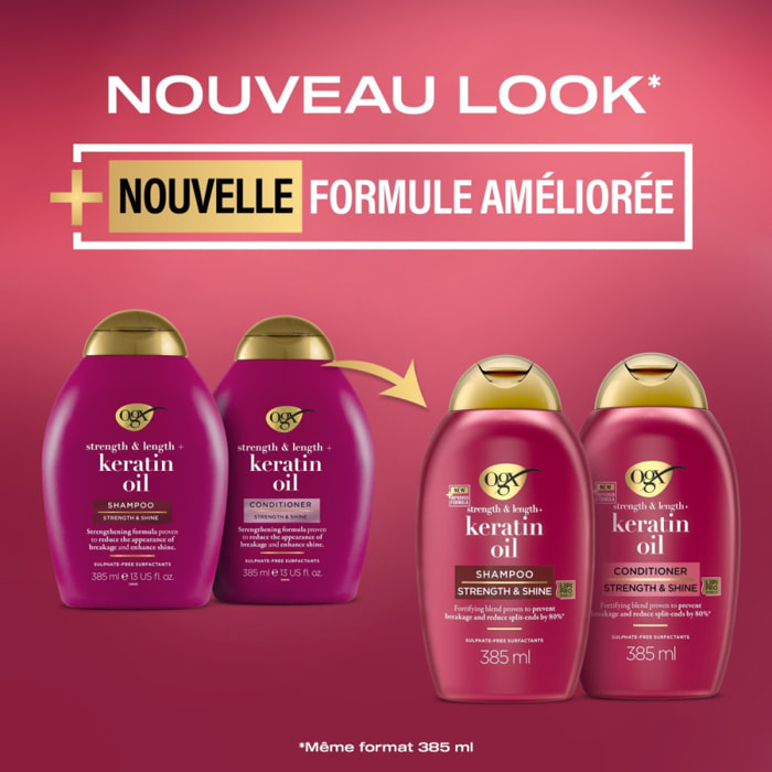 OGX Après-Shampooing Fortifiant Huile de Kératine, 385 ml – Soin capillaire renforçateur pour cheveux abîmés et cassants – Après