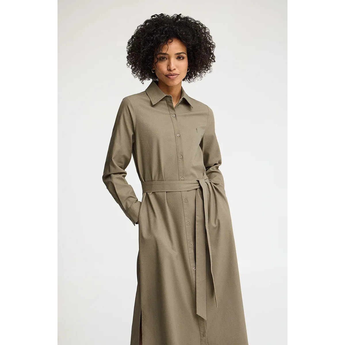 Vestito chemisier cotolino kaki a maniche lunghe con logo Rigby Go
