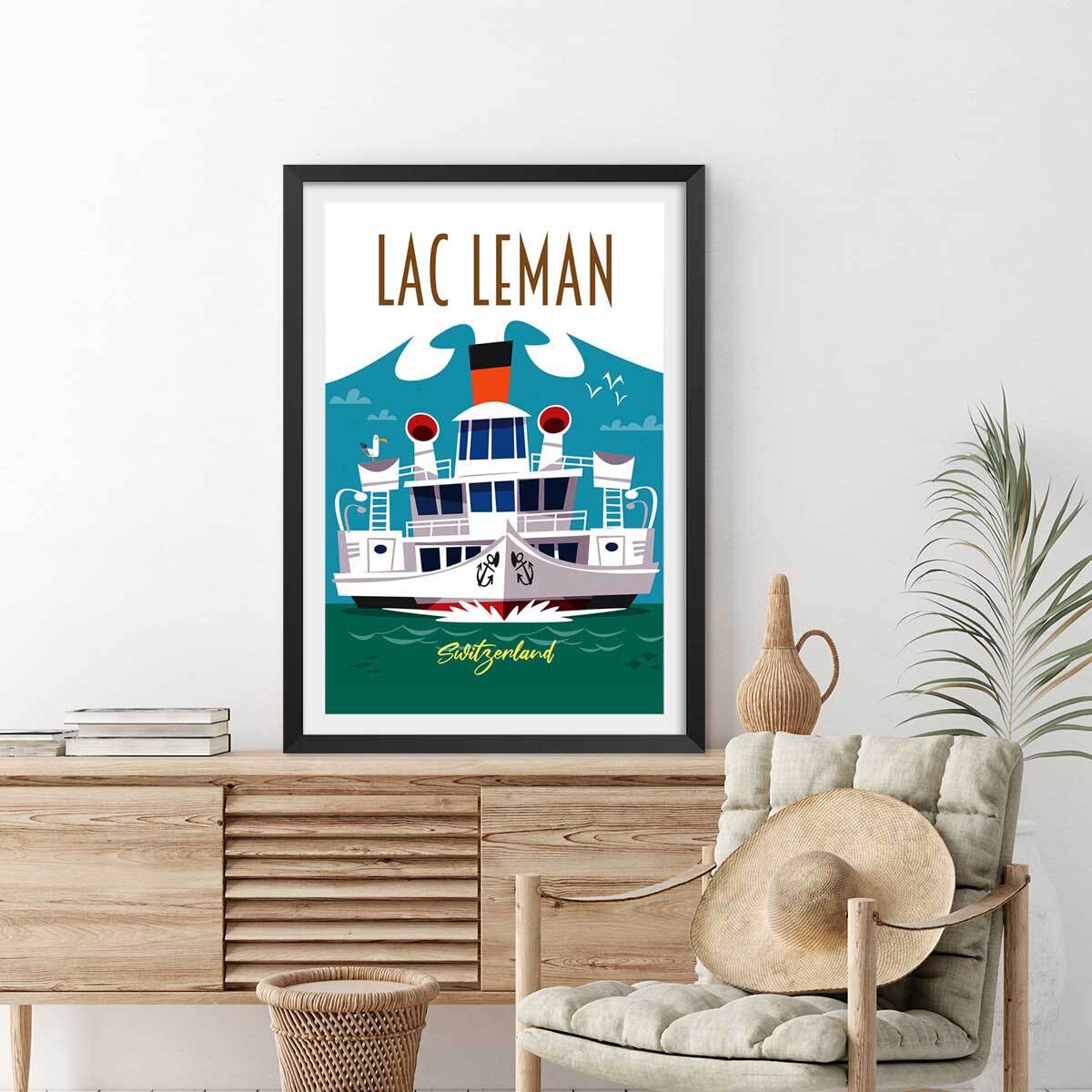 Poster de le lac leman Affiche + cadre en bois - Noir