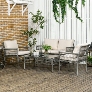 Ensemble salon de jardin 4 personnes 4 pièces - 8 coussins inclus - métal résine aspect rotin - beige gris