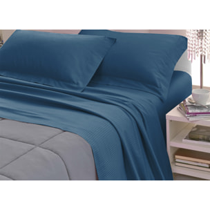 Completo Lenzuola 100% Raso Cotone Rigato 5mm Tinta Unita Petrolio