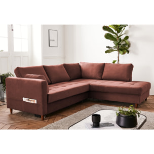 Anna - canapé d'angle droit - 5 places - convertible - en velours - Rose