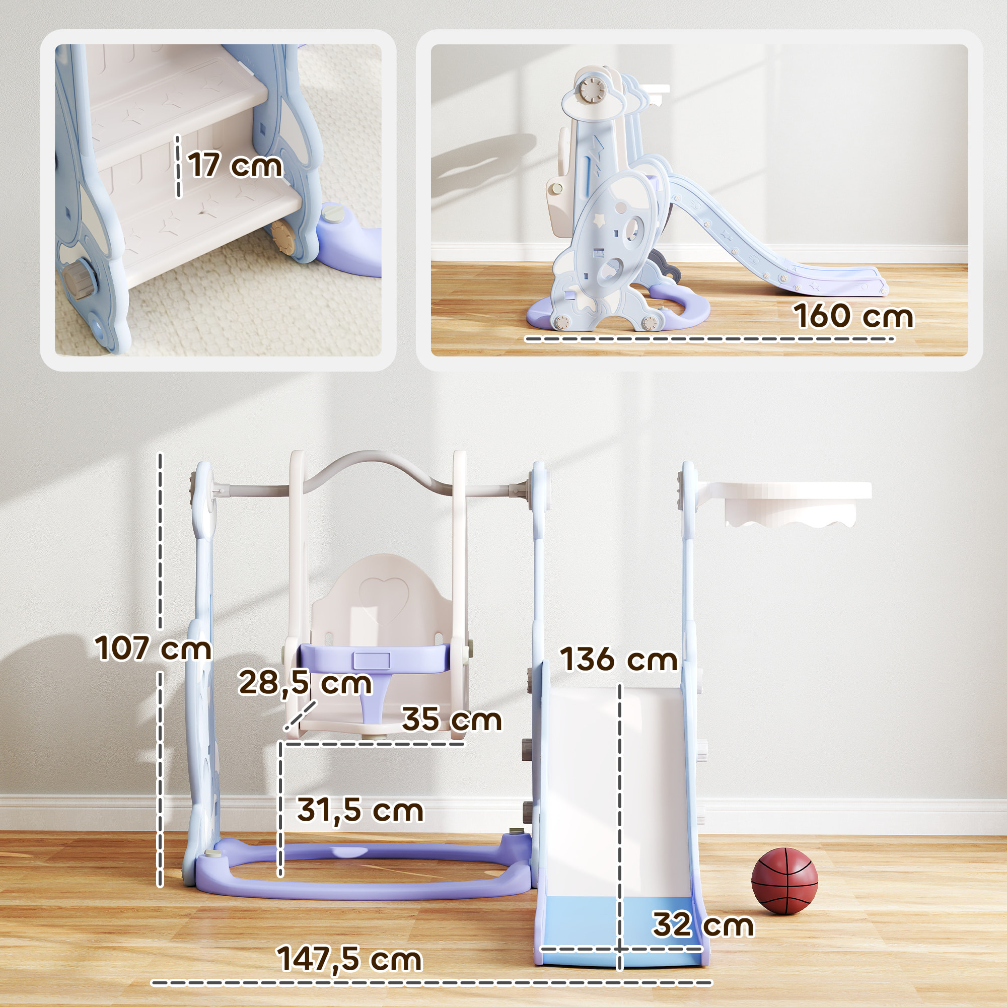 Toboggan balançoire panier basket enfant 3 en 1 design fusée HDPE blanc bleu