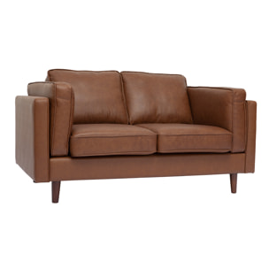 Canapé vintage 2 places cuir marron et bois foncé BRADLEY