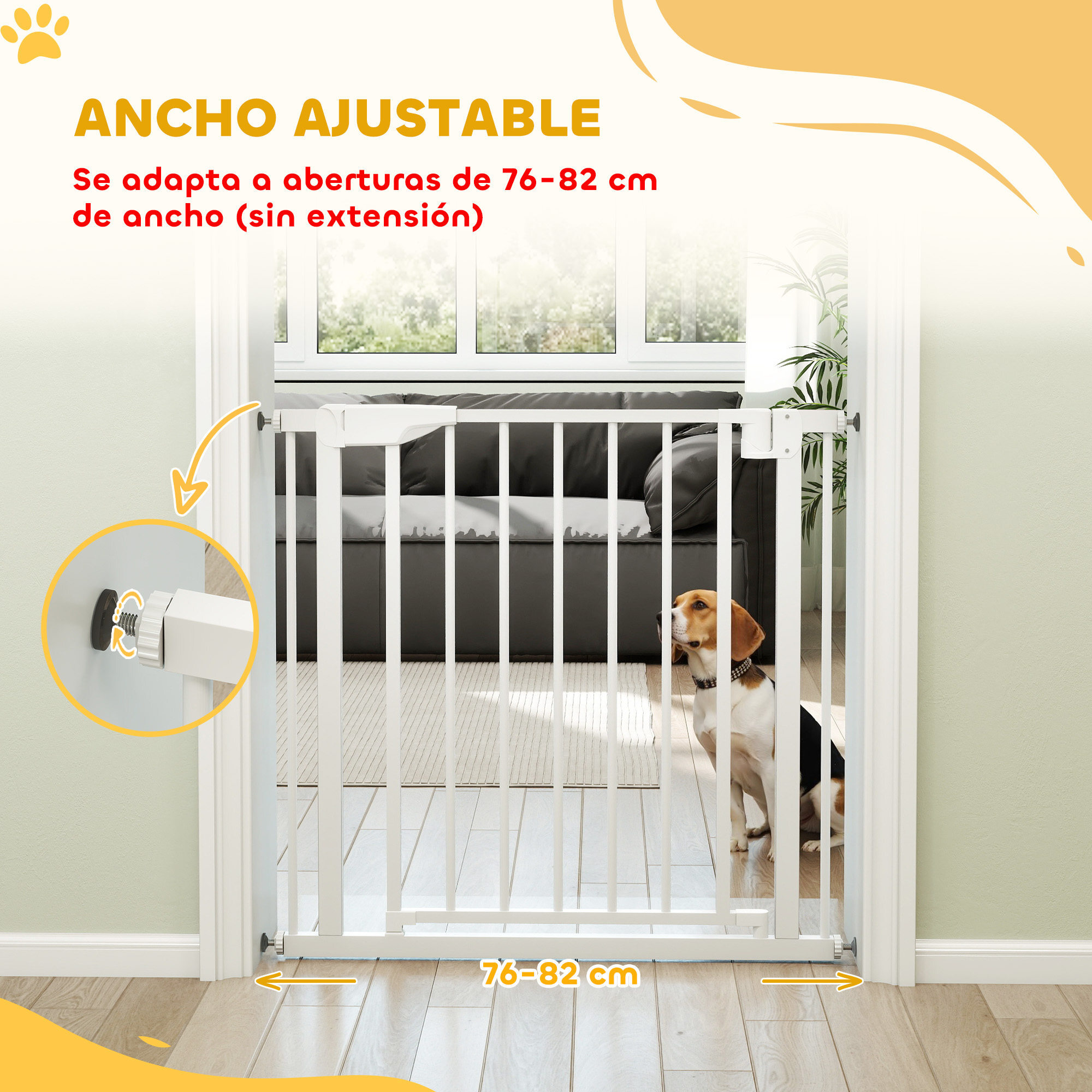 Barrera de Seguridad para Niños y Perros, Ancho 76-82 cm, Puerta para Perros, Bloqueo Doble, Cierre Automático, Apertura Dos Sentidos, para Puertas, Escaleras, Montaje a Presión, Blanco