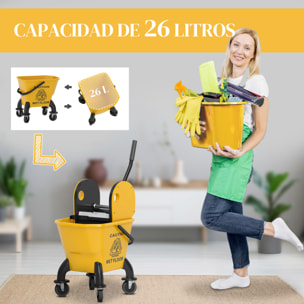 Cubo de Fregona con Ruedas, Escurridor Desmontable de Prensa hacia Abajo, Capacidad 26 L/27,5 qt, Cubo de Fregar Incluye Fregona y Asa, para Uso Comercial y Doméstico, Amarillo