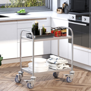 Carrito Auxiliar con Ruedas de Acero Inoxidable Carrito de Cocina con Bandejas y 2 Brazos para Comedor Salón 70,5x40,5x81 cm Plata