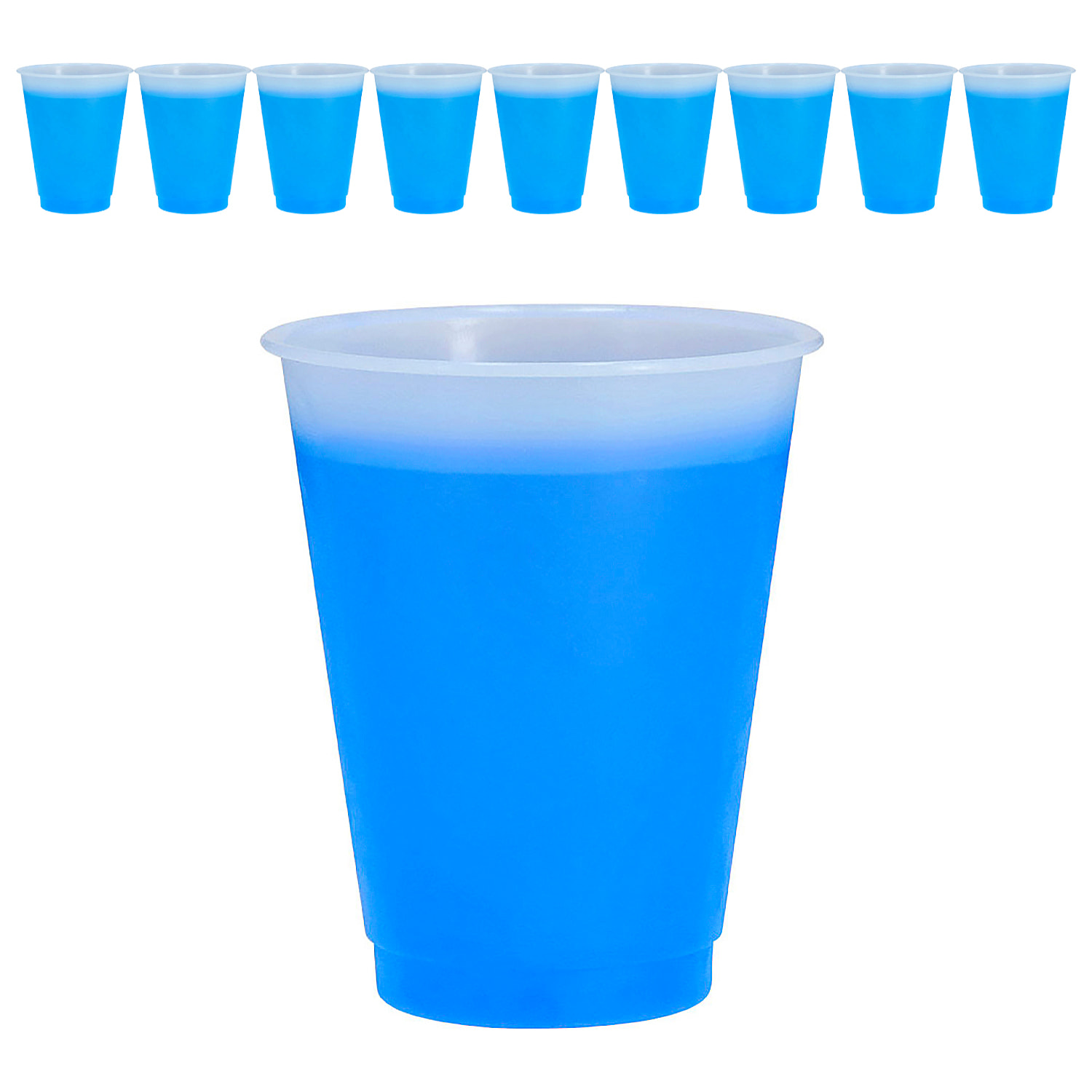 Pack de 10 Vasos con cambio de color al contacto con bebidas frías. De 500 ml de capacidad. Con acabado translúcido mate y fabricado en resistente material PP.