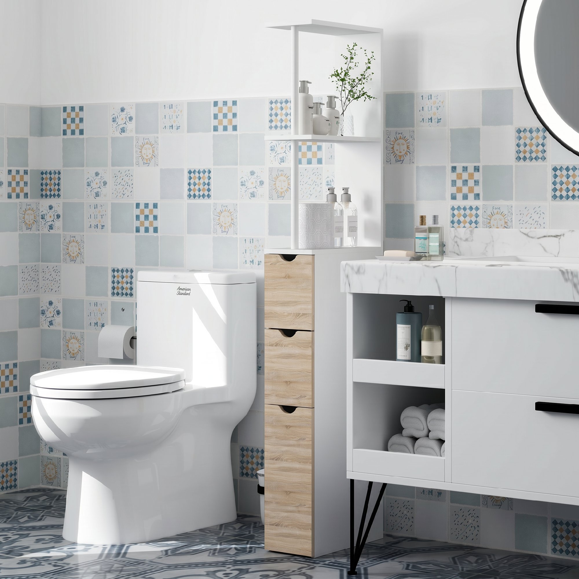 Columna Auxiliar de Baño Estrecha Armario Alto de Baño Moderno Mueble Auxiliar con 2 Estantes 2 Cajones y 1 Puerta Antivuelco 15x33x136,8 cm Natural