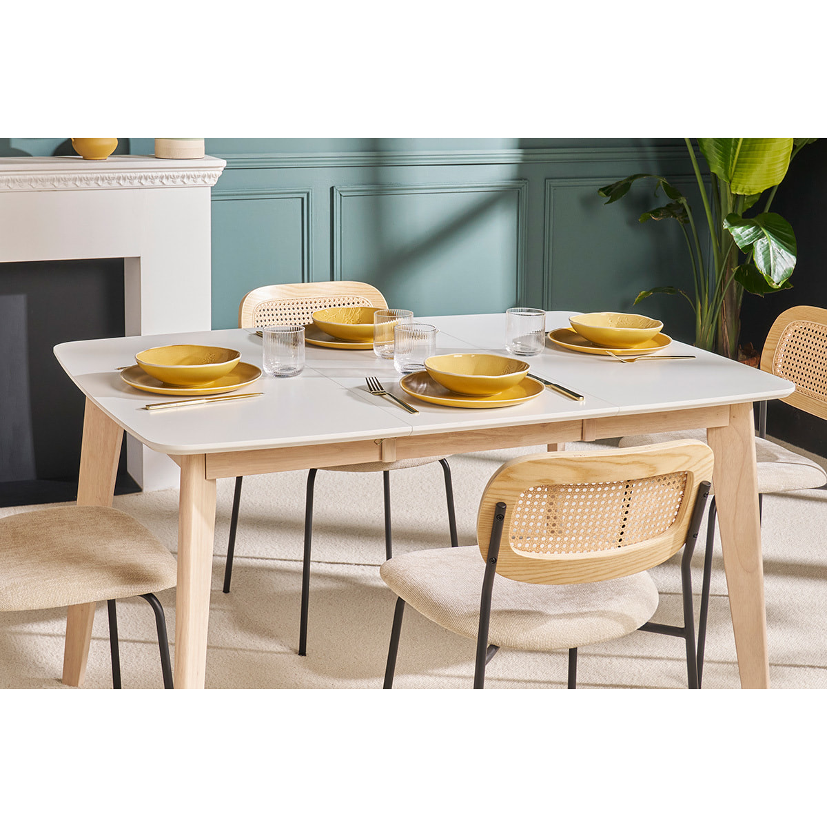 Table à manger extensible scandinave carrée blanche et bois L90-130 cm LEENA