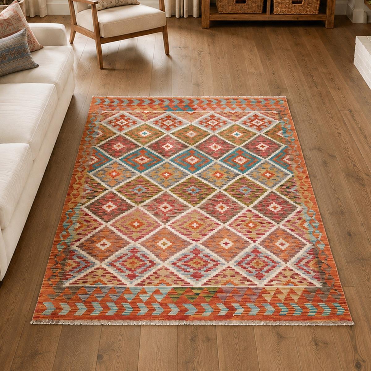 Tapis kilim au motif ethnique, tissé plat en laine, TUFIM