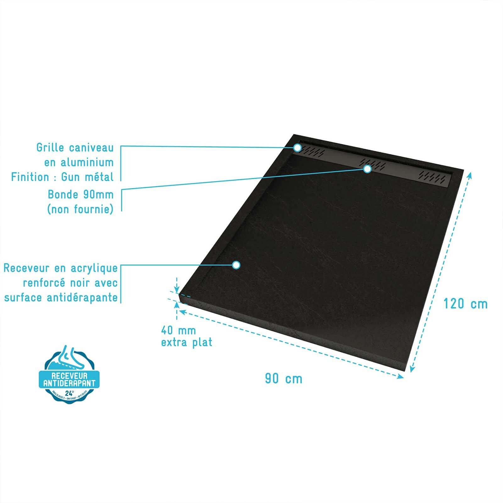 Receveur en acrylique Noir Effet Pierre 90x120x4 cm + Grilles Linéaires Chrome et Gun Metal