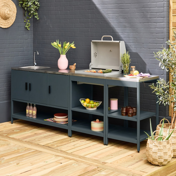 Cuisine extérieure 3 modules acier inoxydable avec barbecue charbon bleu gris Naxos